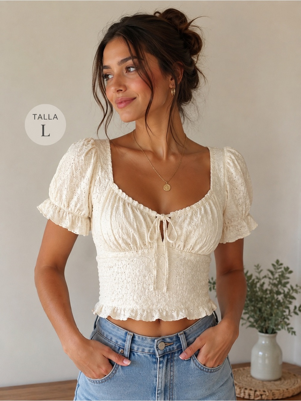 Women's Cream Smocked Crop Top with Puff Sleeves